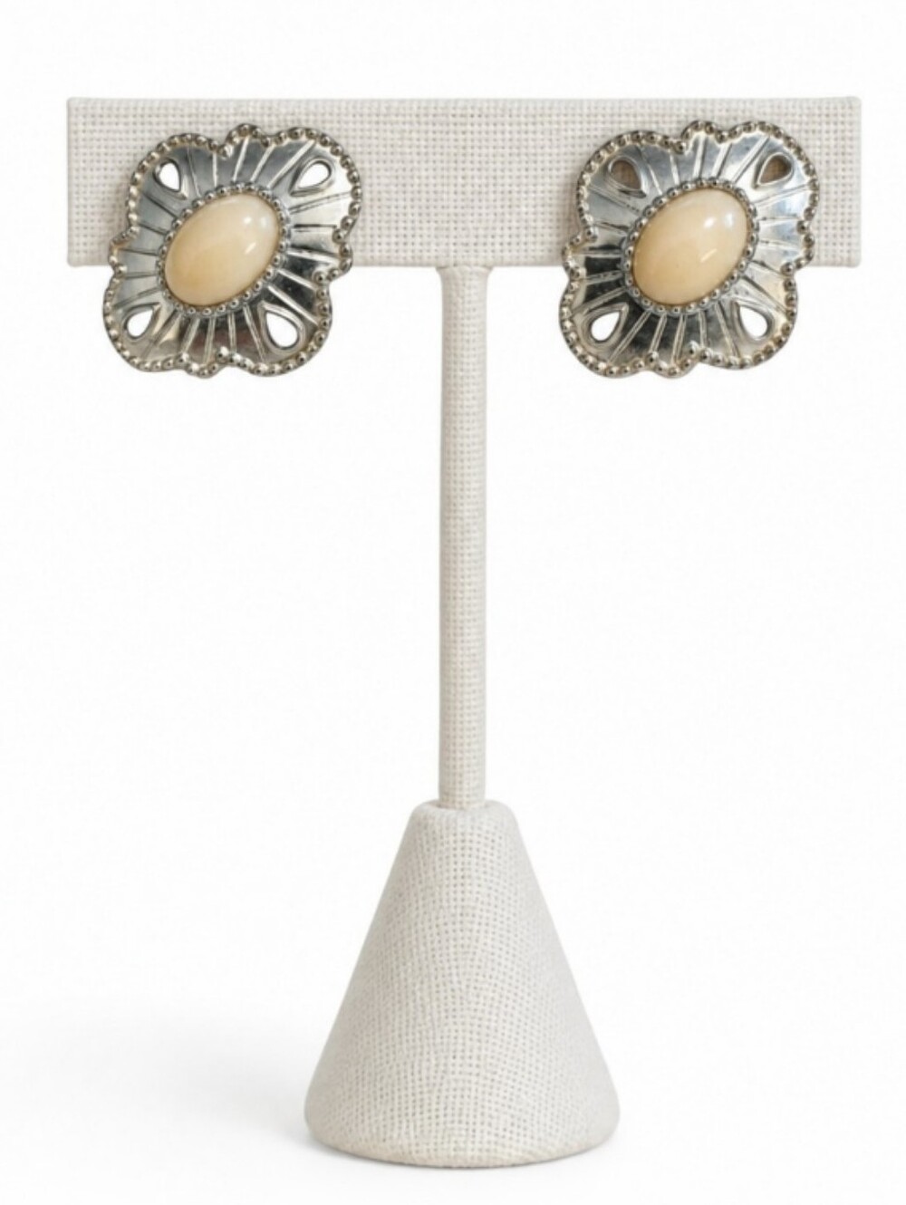 Vintage 1990 Avon Silvery Sands Earrings Silver Tone Peachy Cabochon